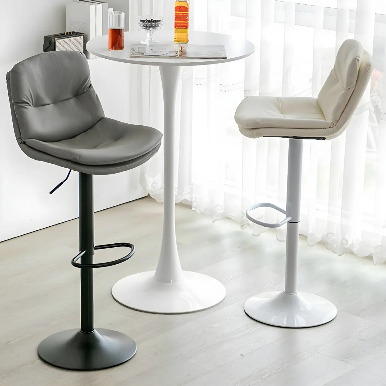 Swivel Beige Faux Leather Bucket Adjustable Bar Stool — Black / Dark Gray / 1 Piece