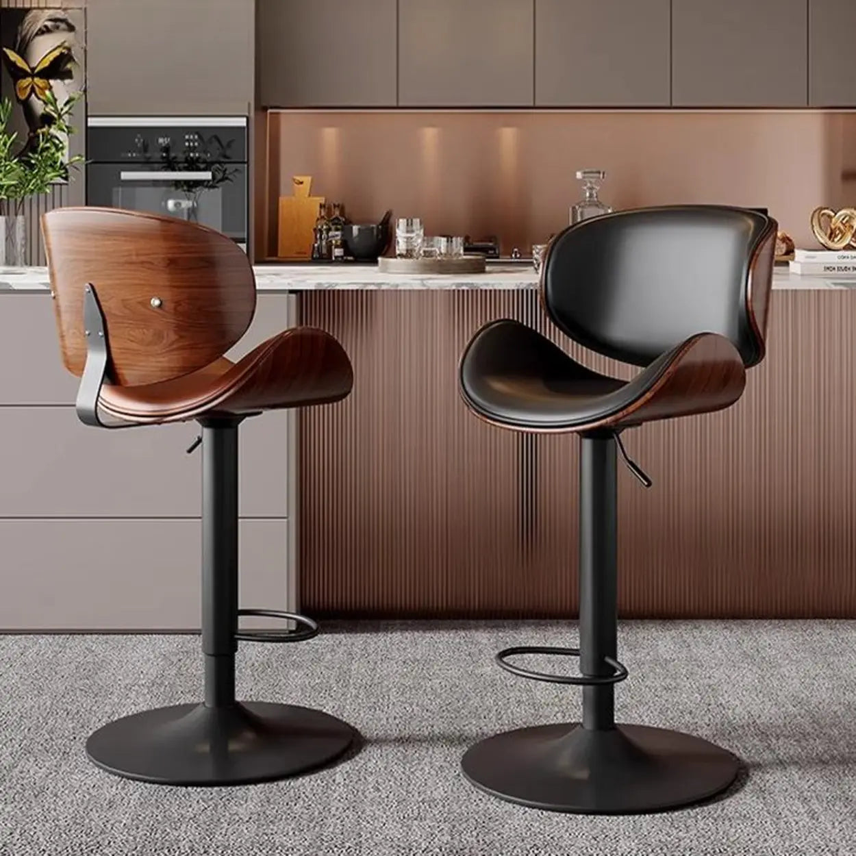 Blue metal footrest bucket bar & counter stools - modern — Faux Leather / Black / Black