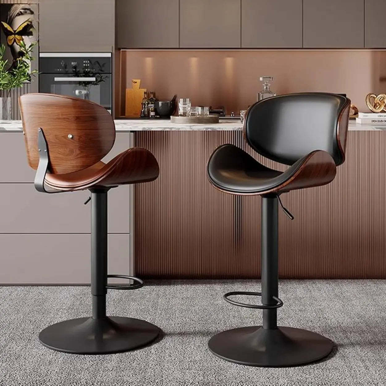 Swivel Bucket Bar Stool with Footrest — Black / Black / PU (Polyurethane)