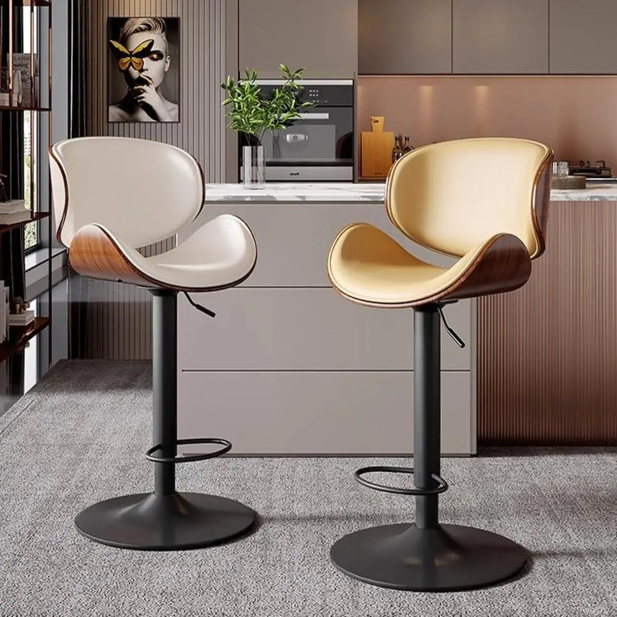 Lighom modern bucket footrest metal bar & counter stools — Faux Leather / White / Silver