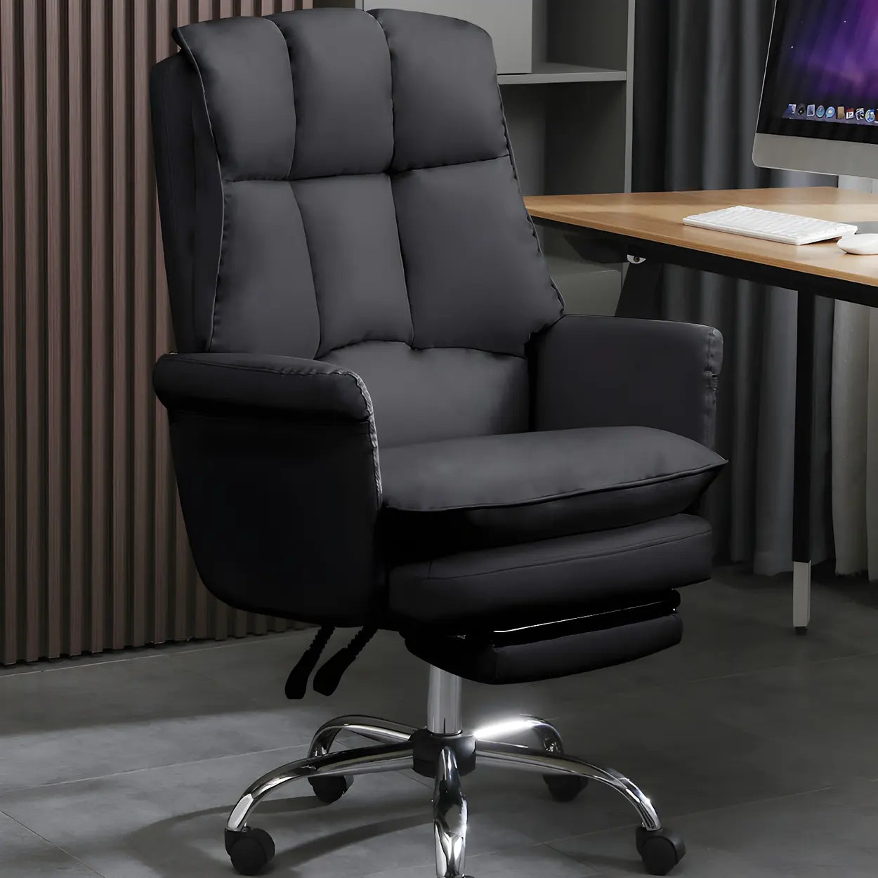 Swivel Ergonomic Leather Office Chair with Footrest — Black / Without Footrest