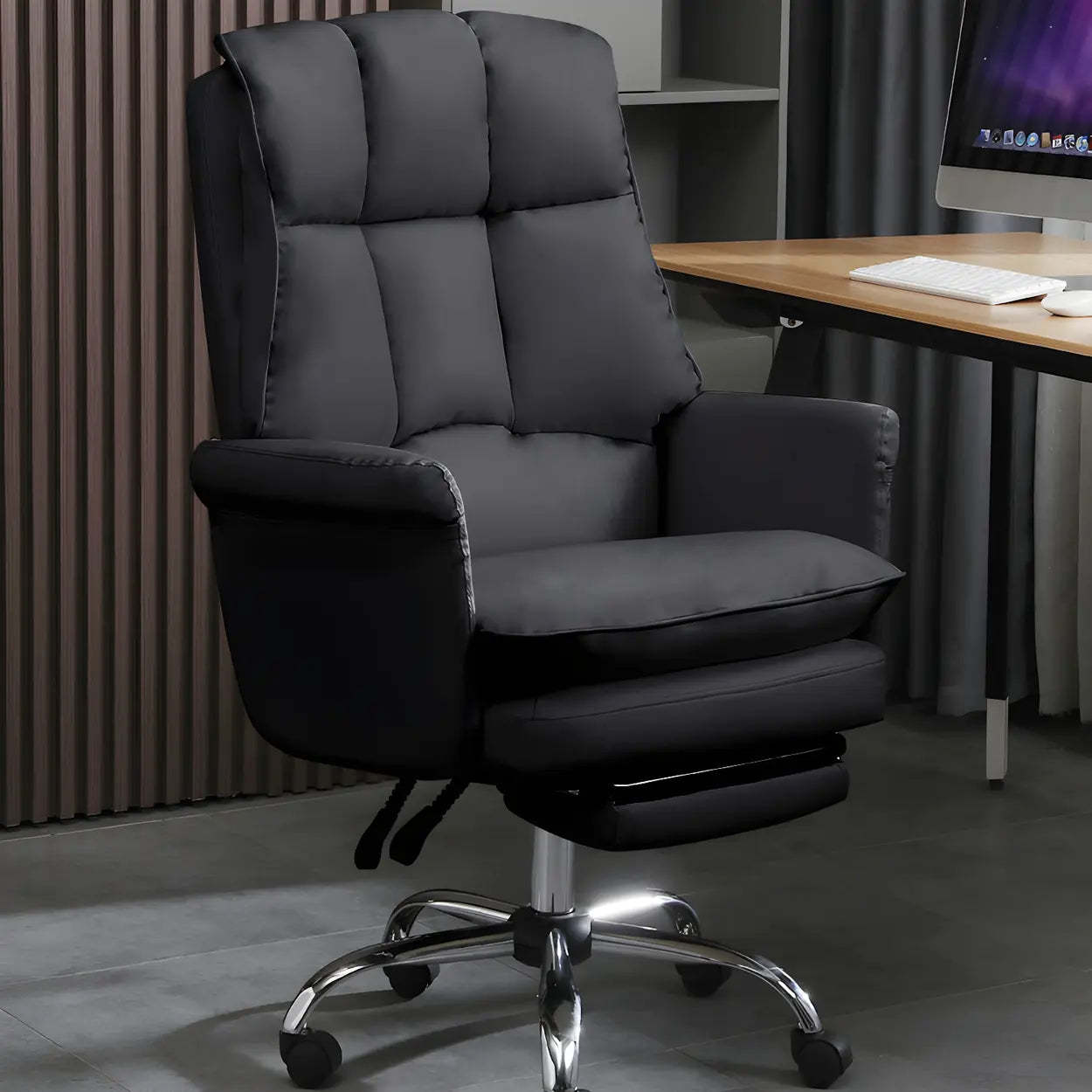 Swivel Ergonomic Leather Office Chair with Footrest — Black / Without Footrest