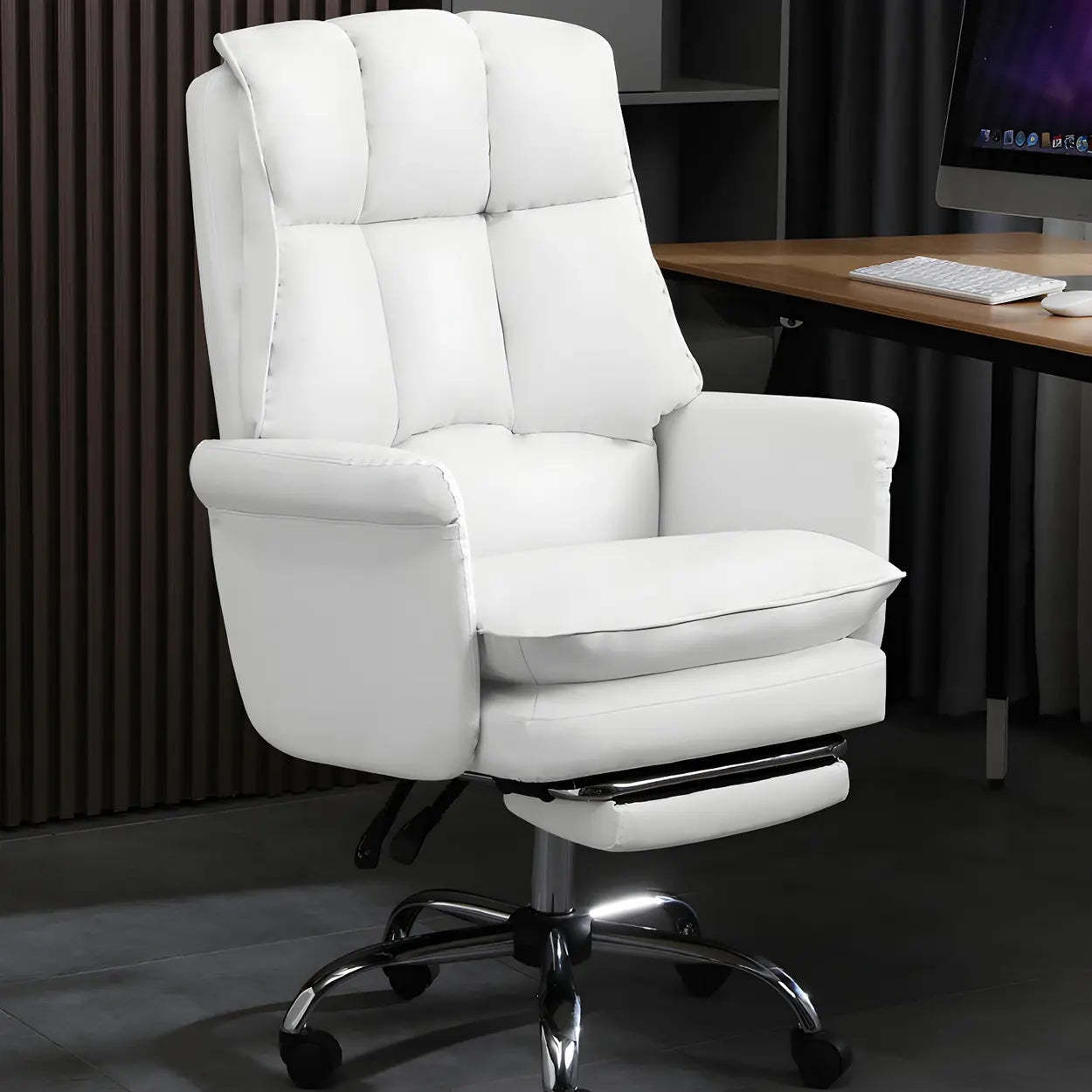 Swivel Ergonomic Leather Office Chair with Footrest — Off-White / With Footrest