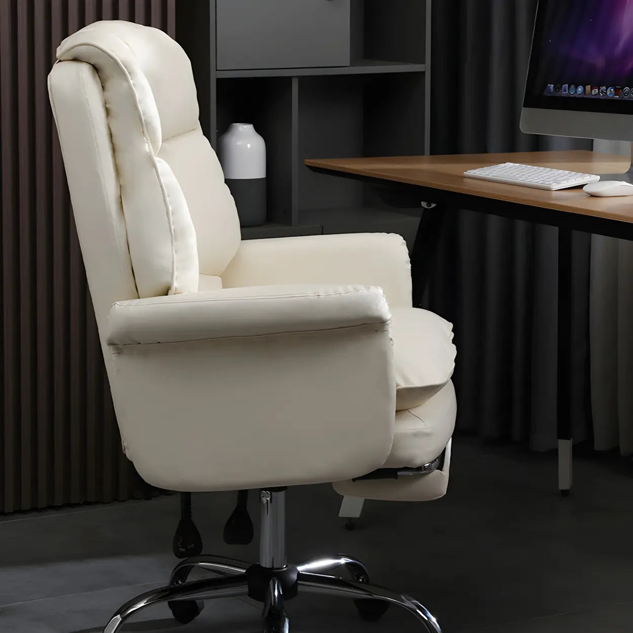 Swivel Ergonomic Leather Office Chair with Footrest — Off-White / Without Footrest