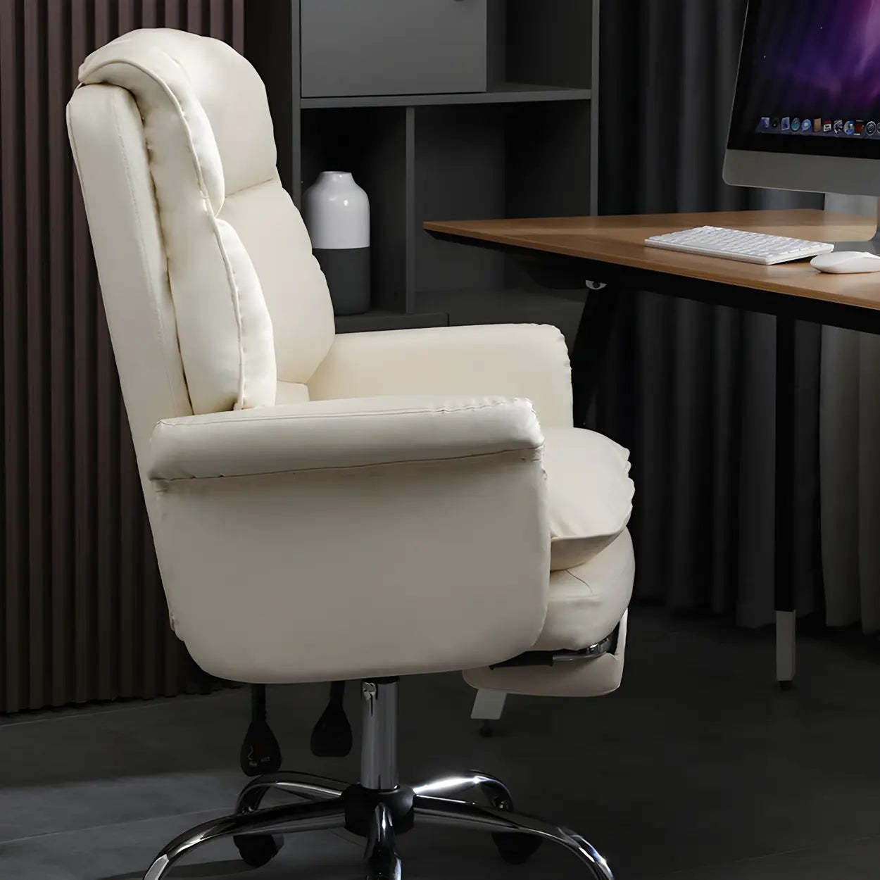 Swivel Ergonomic Leather Office Chair with Footrest — Off-White / Without Footrest