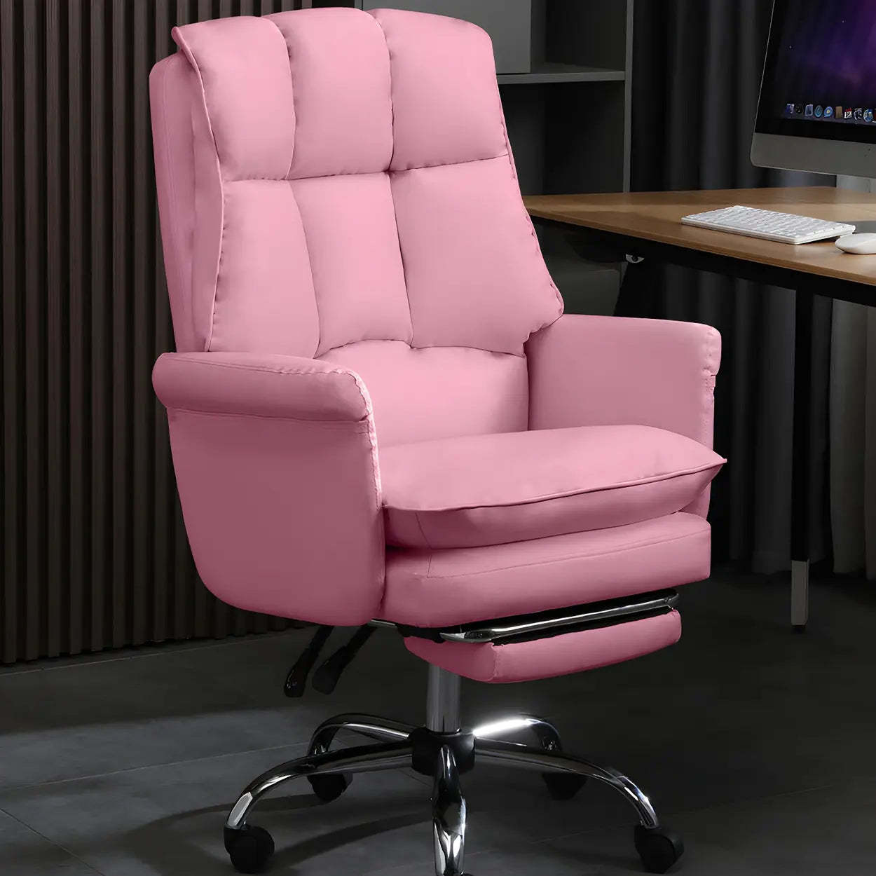 Swivel Ergonomic Leather Office Chair with Footrest — Pink / Without Footrest