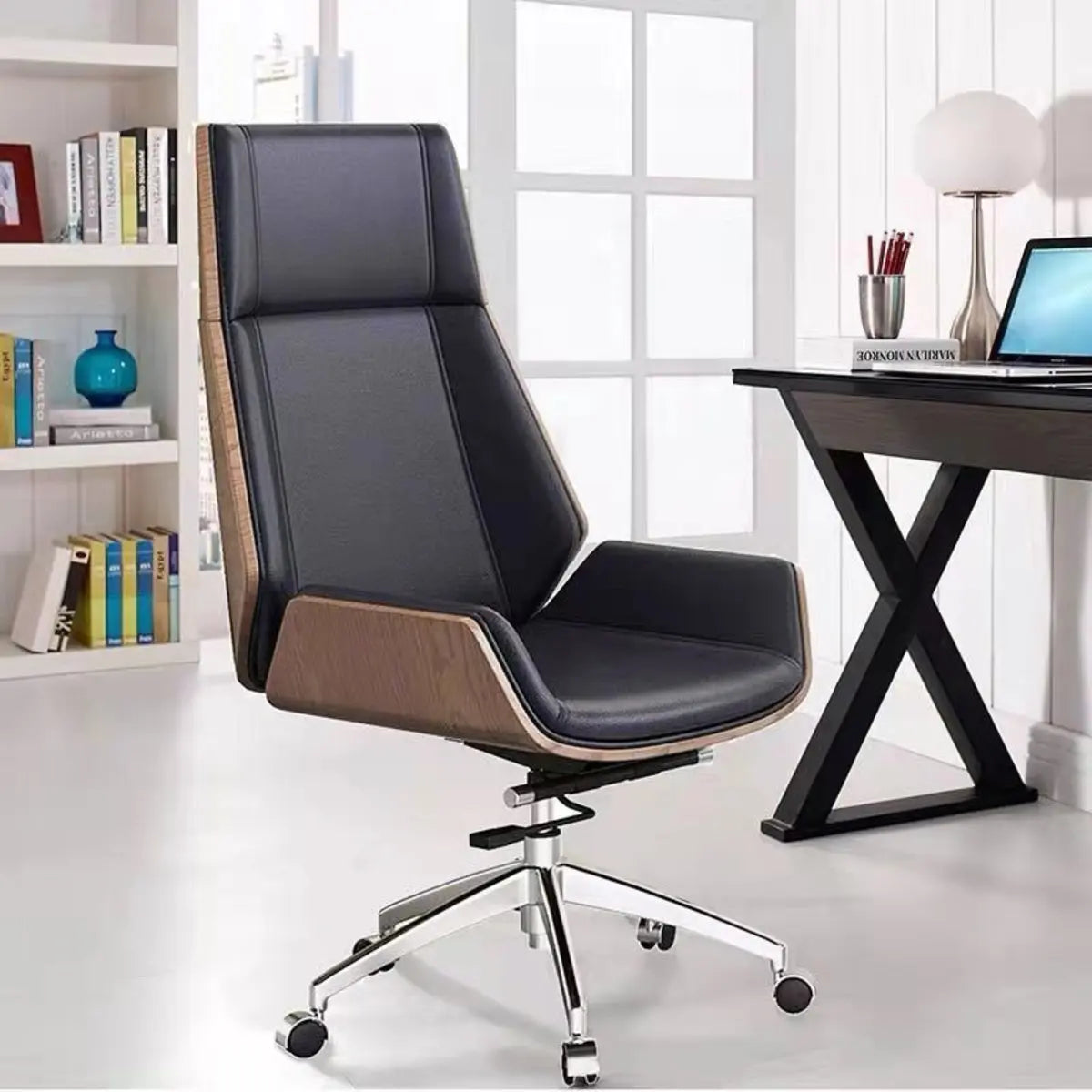Swivel Faux Leather Adjustable Back Office Chair — Walnut/ Orange