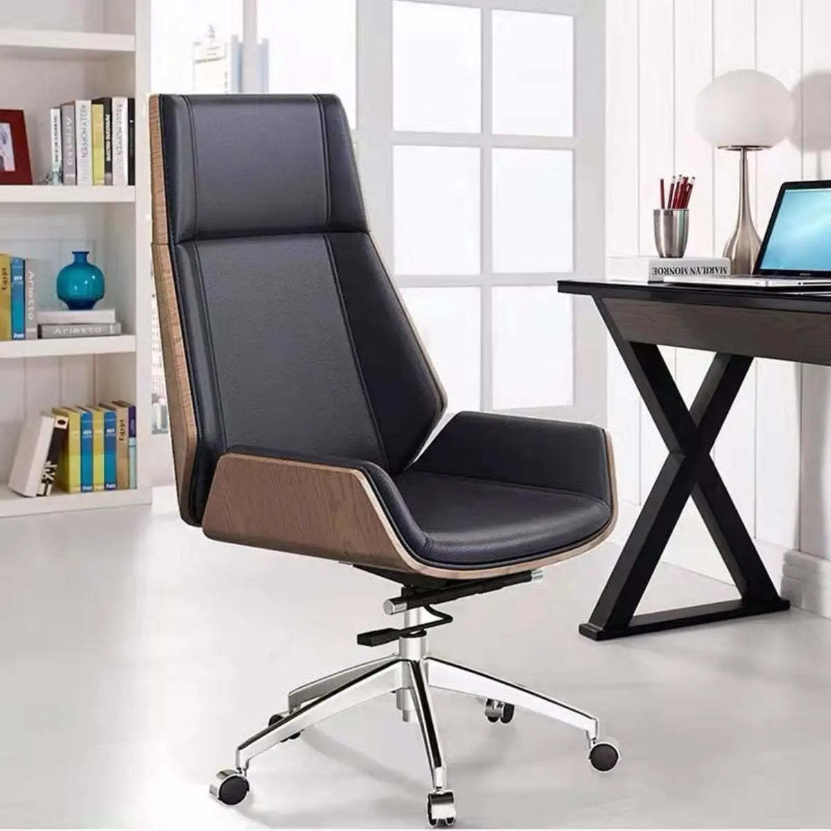 Swivel Faux Leather Adjustable Back Office Chair — Walnut/ Orange