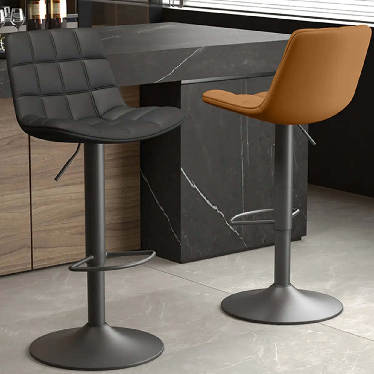 Saddle Faux Leather Swivel Bar Stool with Back — Black / Black