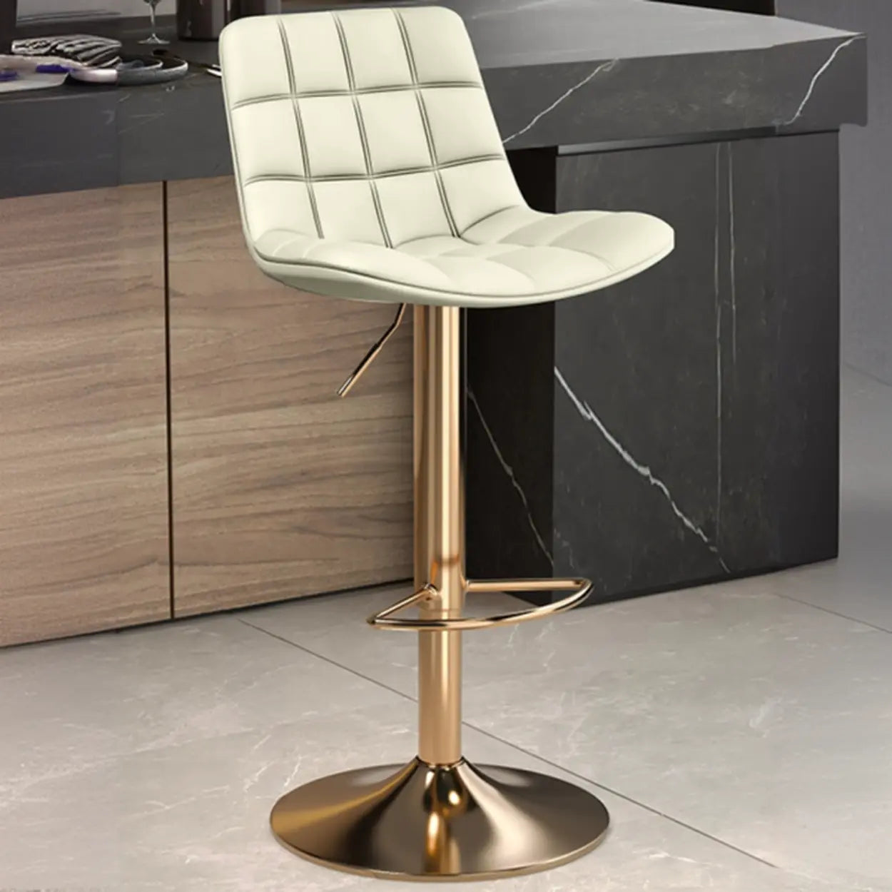 Saddle Faux Leather Swivel Bar Stool with Back — Blackish Green / Gold