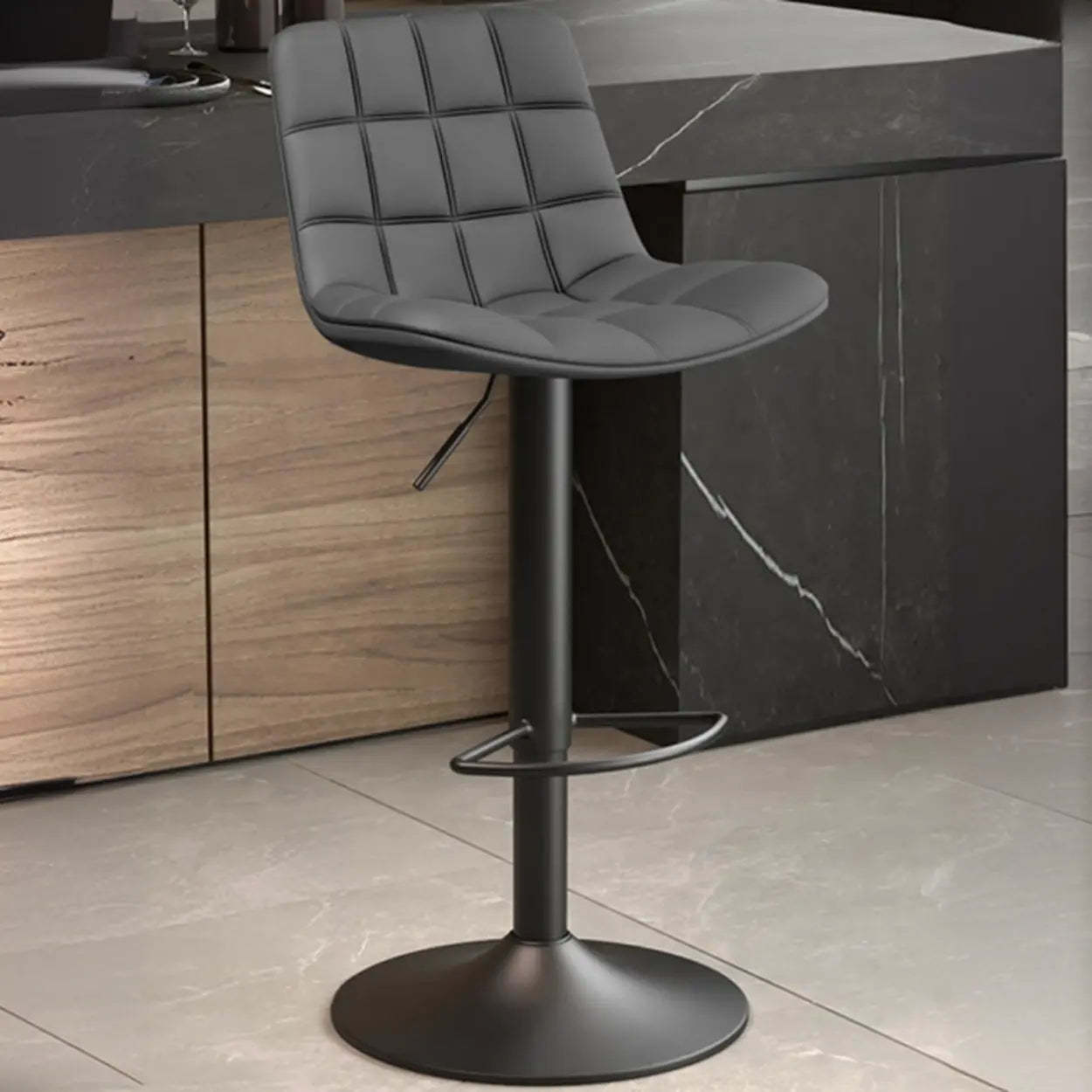 Saddle Faux Leather Swivel Bar Stool with Back — Blackish Green / Silver