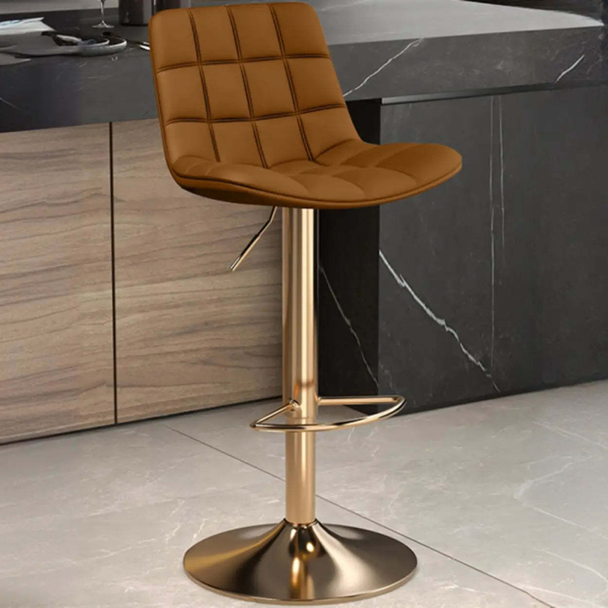 Saddle Faux Leather Swivel Bar Stool with Back — Light Orange / Black