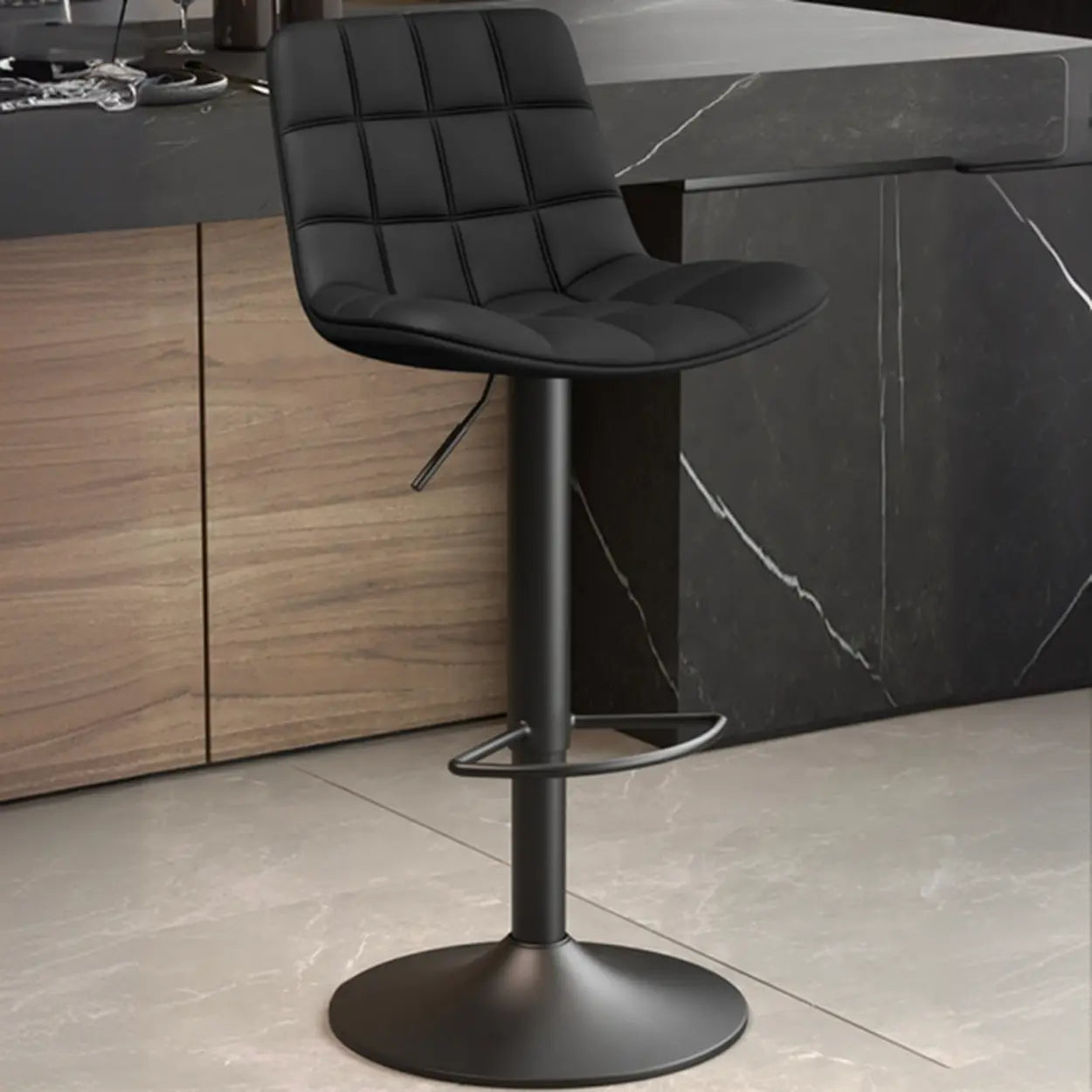 Saddle Faux Leather Swivel Bar Stool with Back — Black / Gold