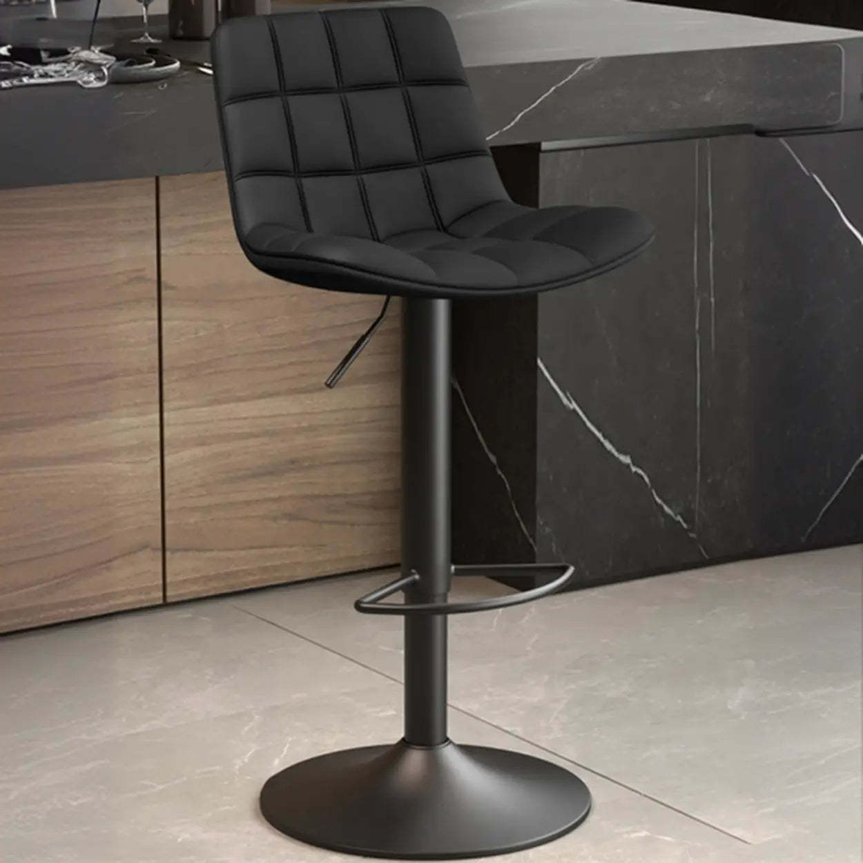 Saddle Faux Leather Swivel Bar Stool with Back — Black / Gold