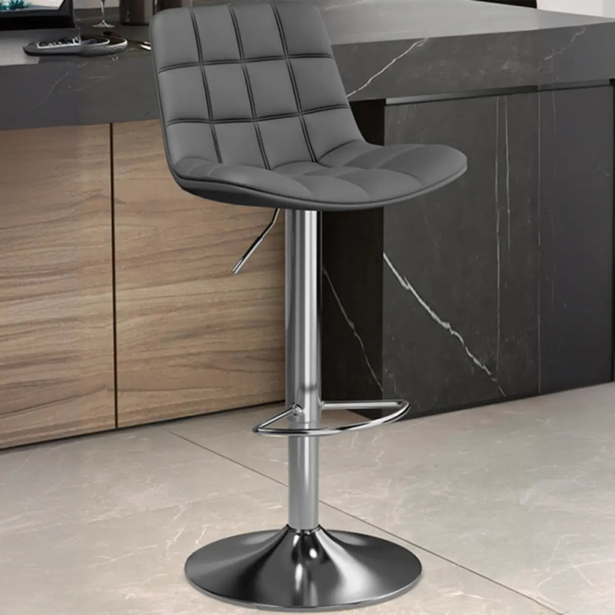 Saddle Faux Leather Swivel Bar Stool with Back — Dark Gray / Silver