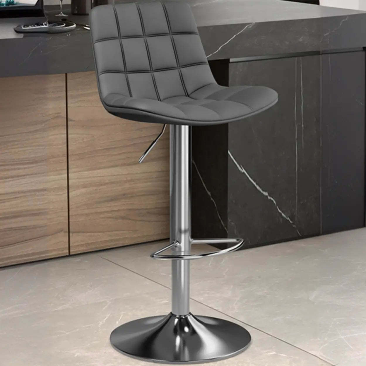 Saddle Faux Leather Swivel Bar Stool with Back — Dark Gray / Silver