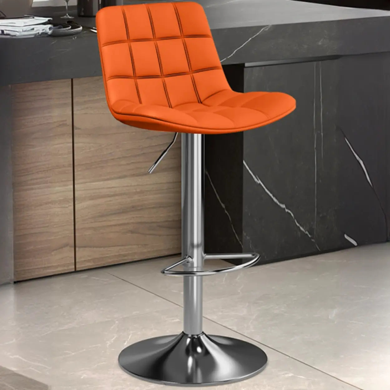 Saddle Faux Leather Swivel Bar Stool with Back — Dark Blue / Silver