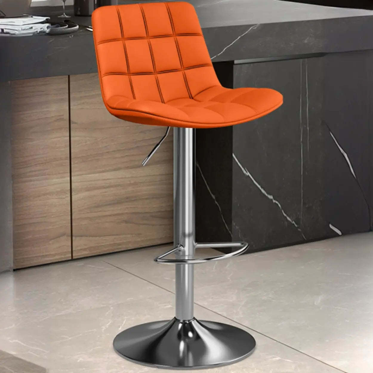 Saddle Faux Leather Swivel Bar Stool with Back — Dark Blue / Silver