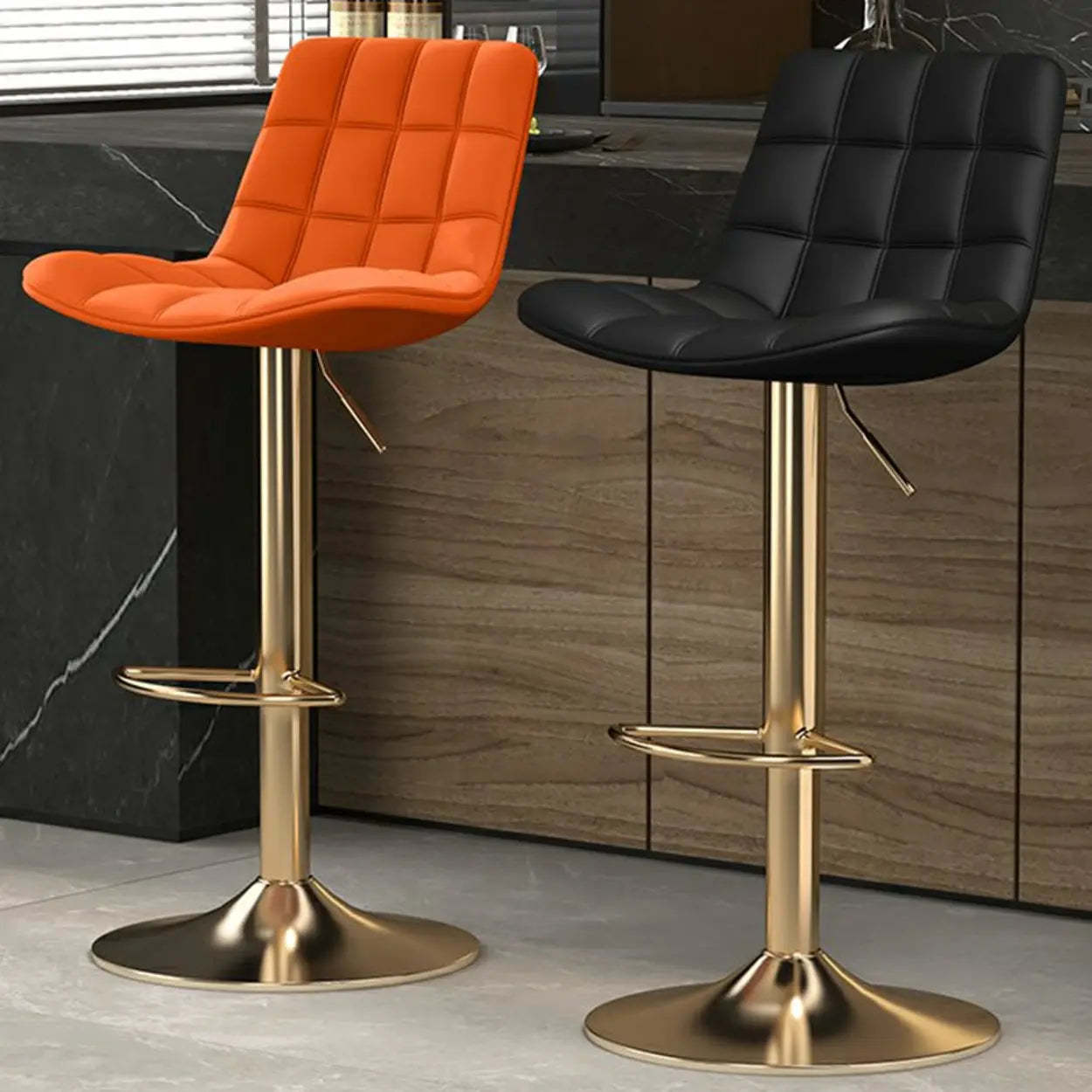 Saddle Faux Leather Swivel Bar Stool with Back — Black / Silver