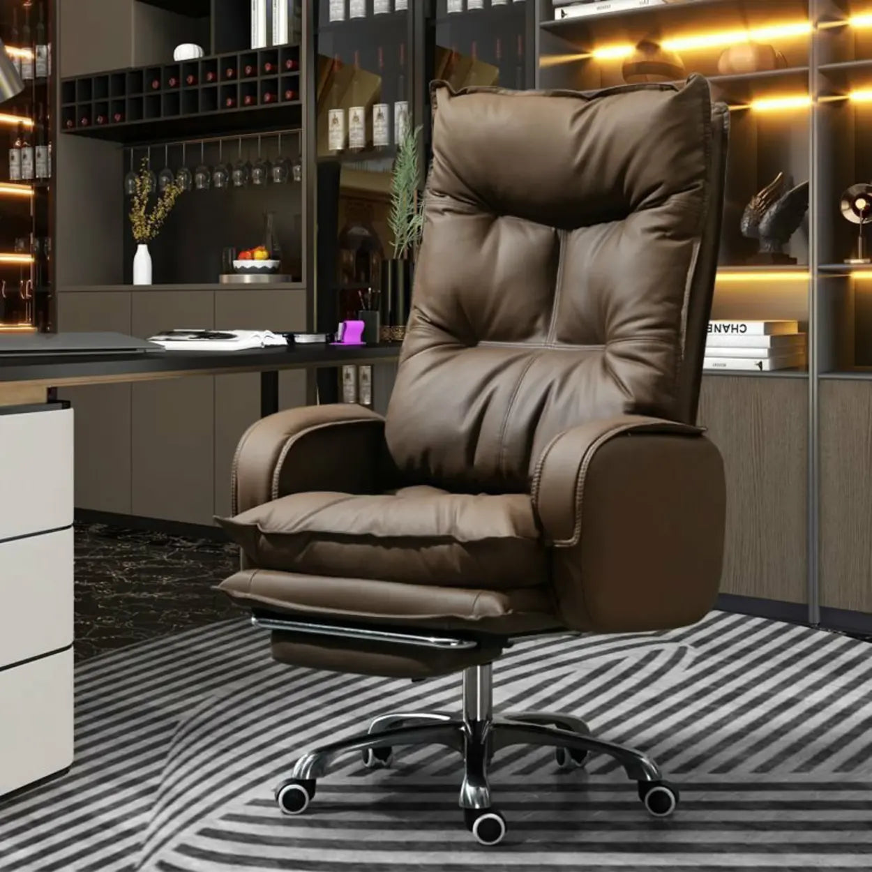 Swivel Ergonomic Recliner Leather Office Chair — Black / With Footrest / Latex
