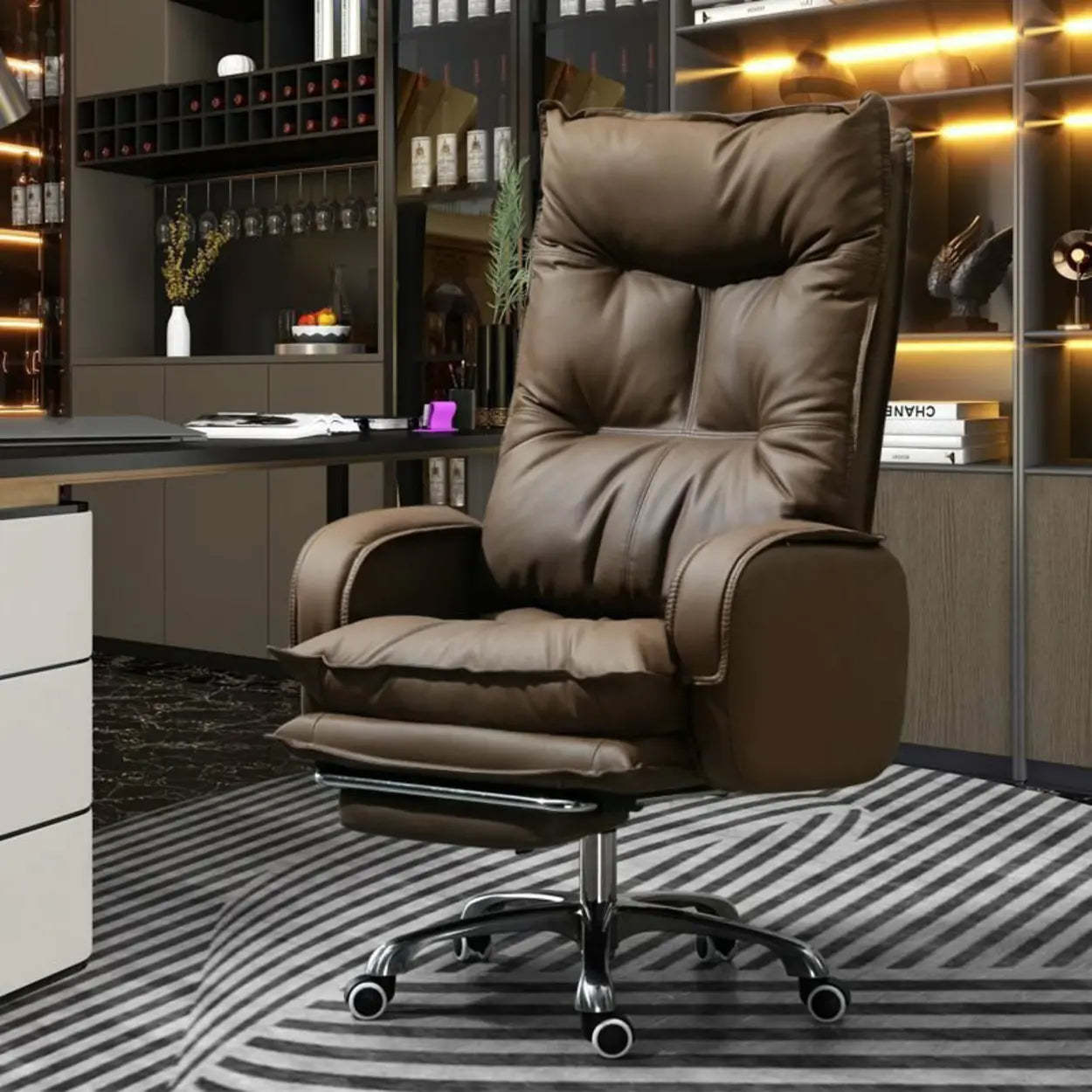 Swivel Ergonomic Recliner Leather Office Chair — Black / With Footrest / Latex