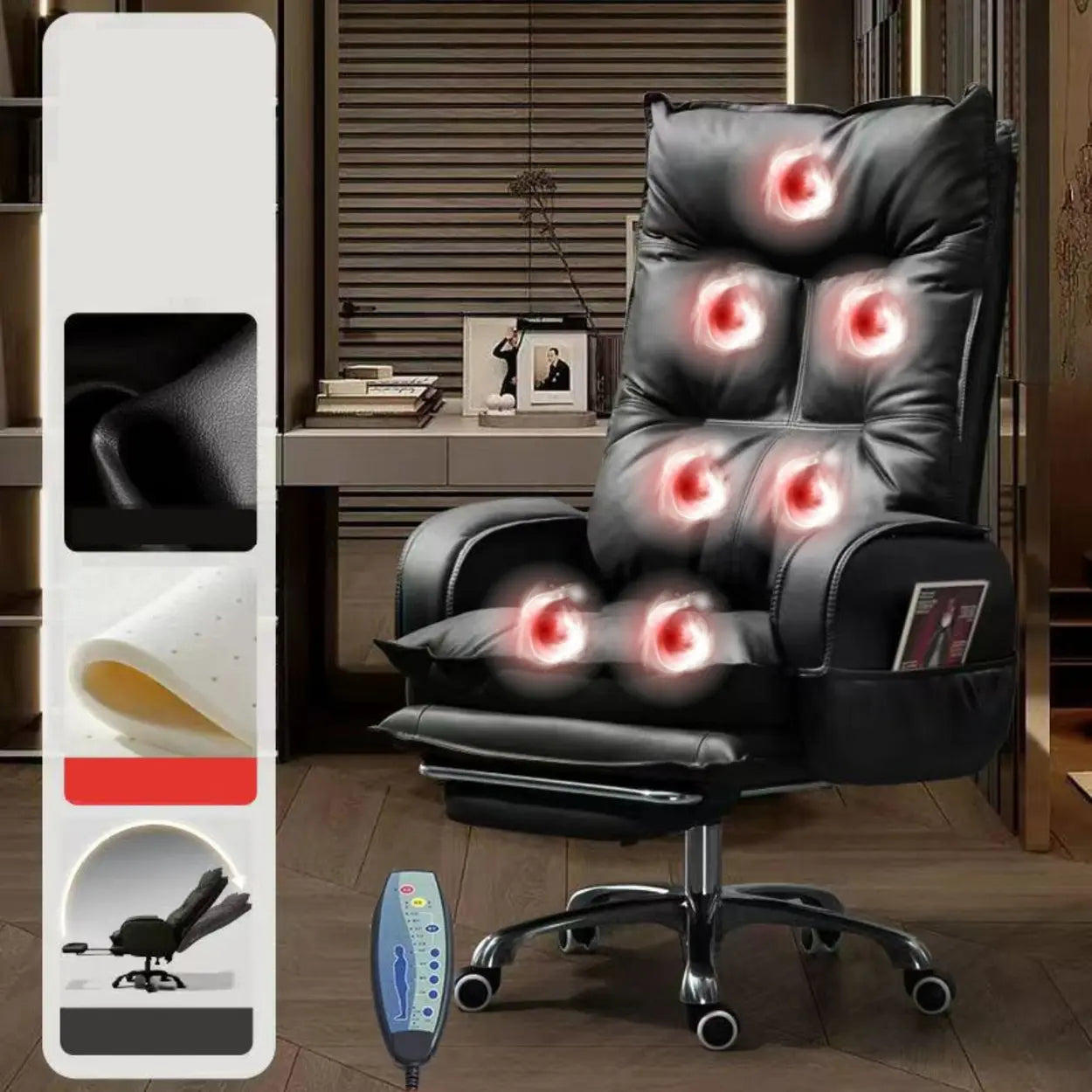 Swivel Ergonomic Recliner Leather Office Chair — Black / With Footrest / Sponge