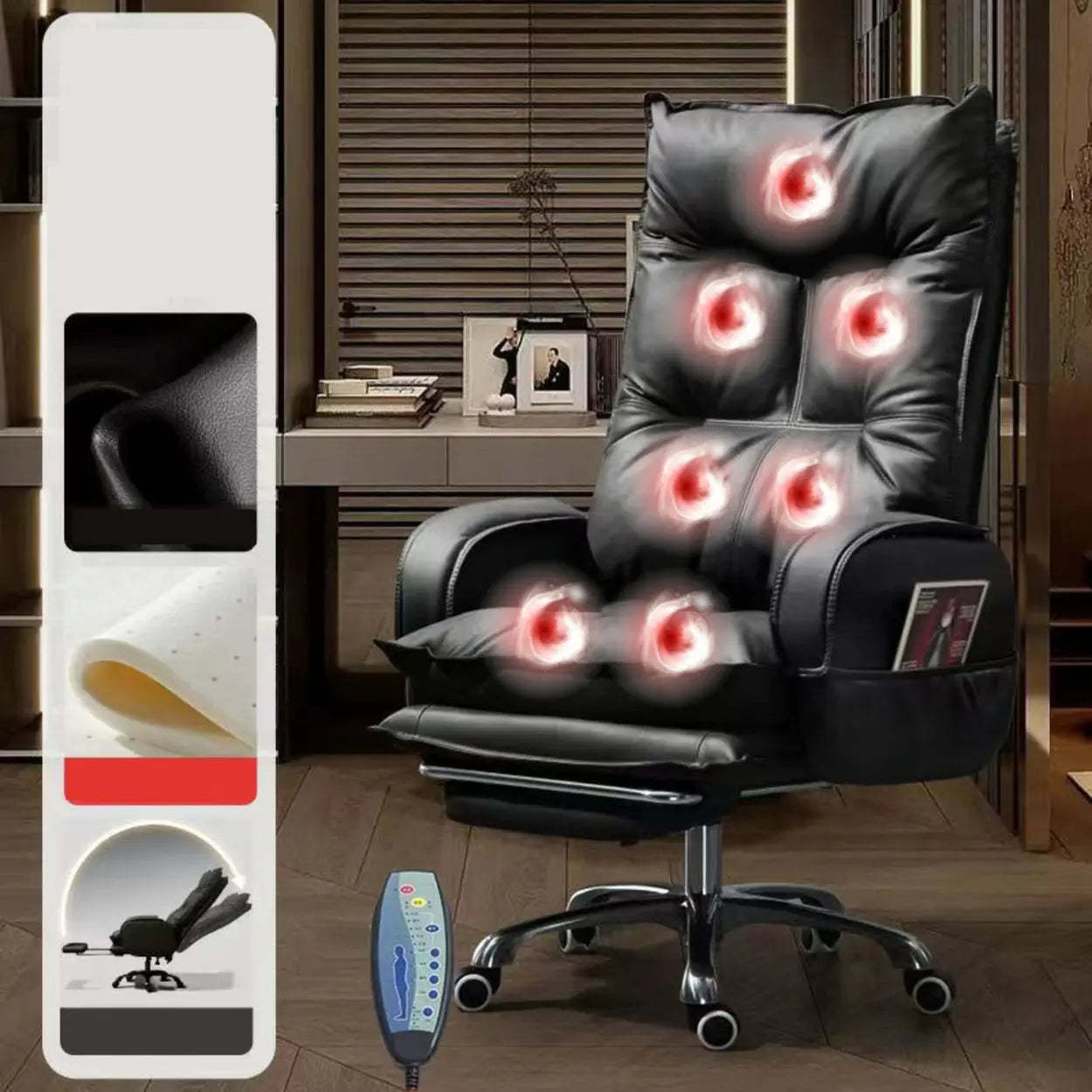 Swivel Ergonomic Recliner Leather Office Chair — Black / With Footrest / Sponge