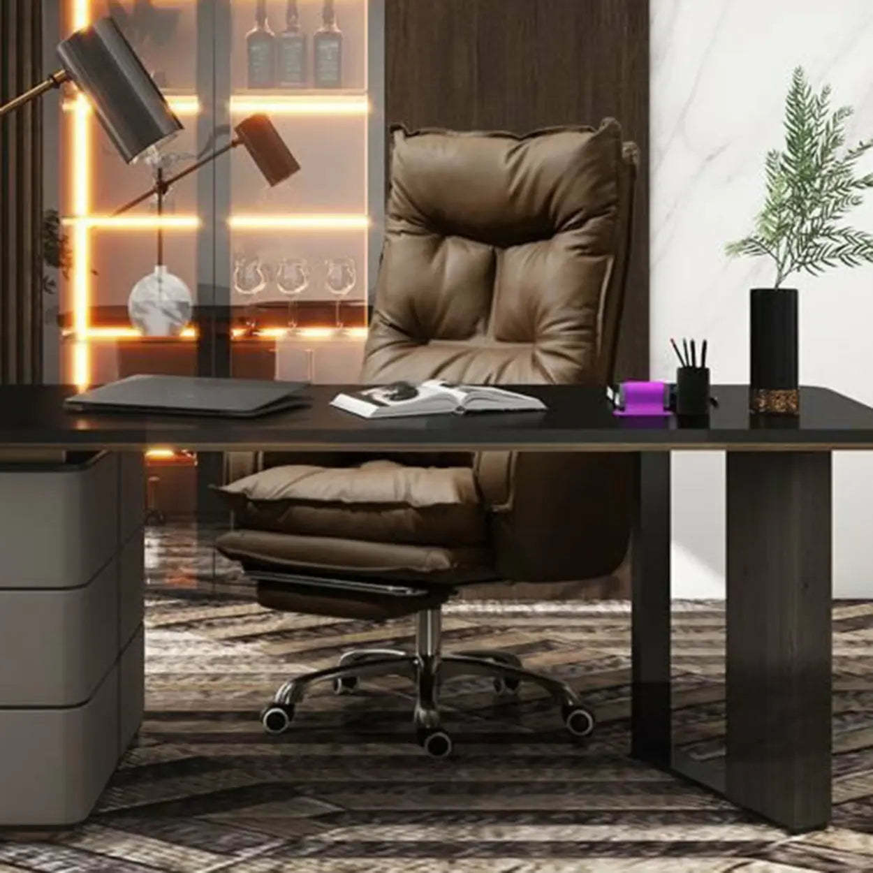 Swivel Ergonomic Recliner Leather Office Chair — Black / Without Footrest / Sponge
