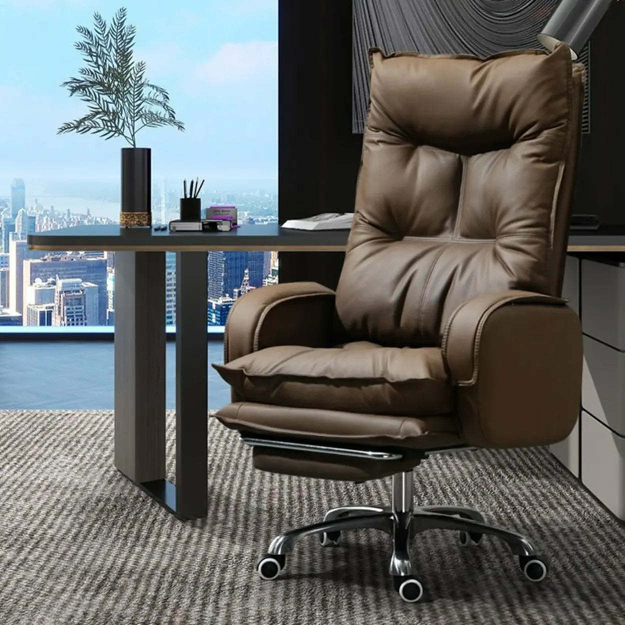 Swivel Ergonomic Recliner Leather Office Chair — Coffee / Without Footrest / Sponge