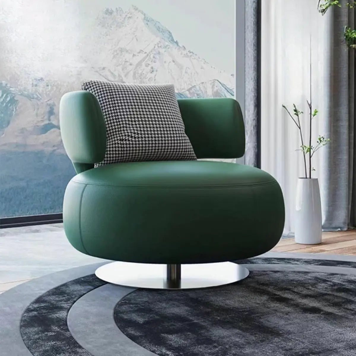 Swivel Green Leather Track-Arm Fixed-Back Chair
