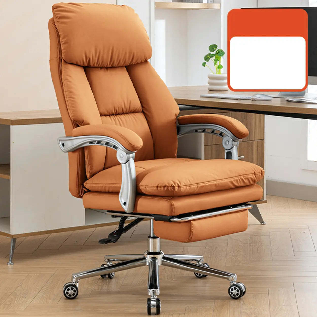 Swivel High-Back Faux Leather Office Chair with Headrest — Grey / With Footrest / Full Grain Cow Leather