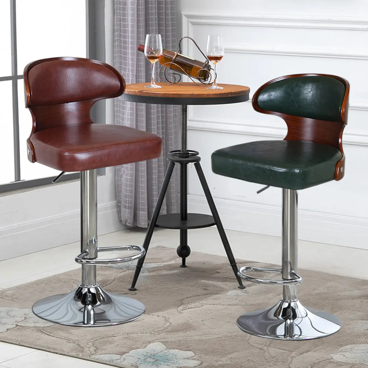 Leather Curved-Back Swivel Bar Stool with Footrest