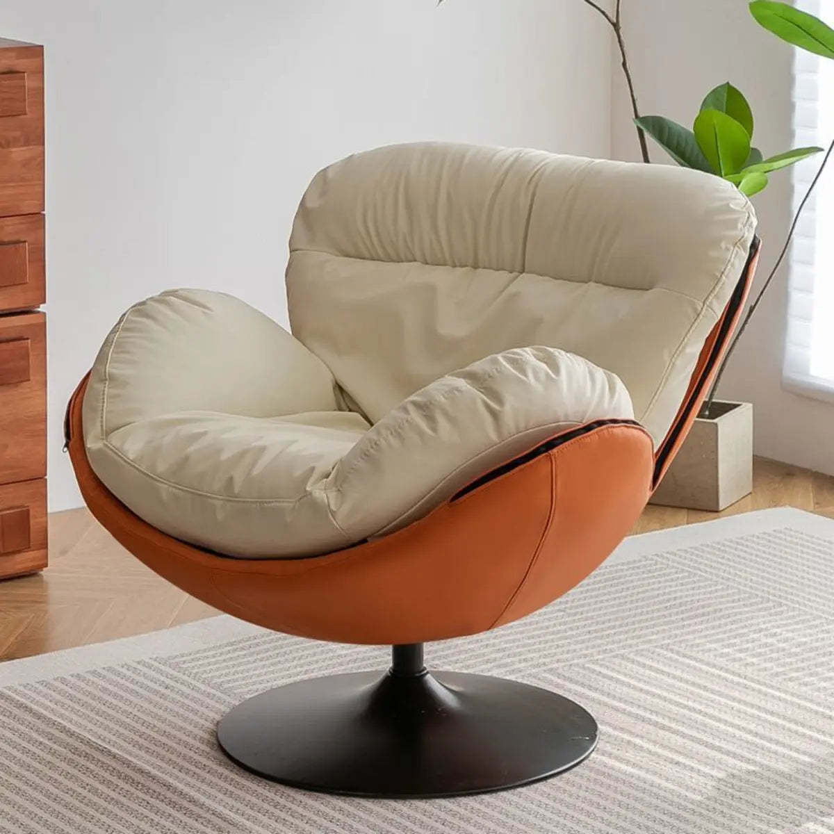 Swivel Leather Ergonomic Accent Chair with Ottoman — Beige/ Black / Anti Cat Scratch Leather