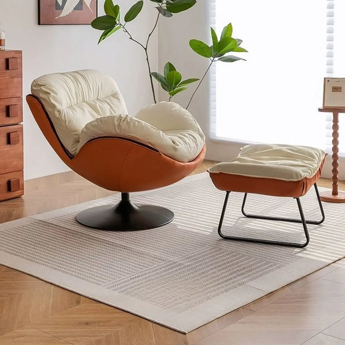 Swivel Leather Ergonomic Accent Chair with Ottoman — Beige/ Gray / Anti Cat Scratch Leather
