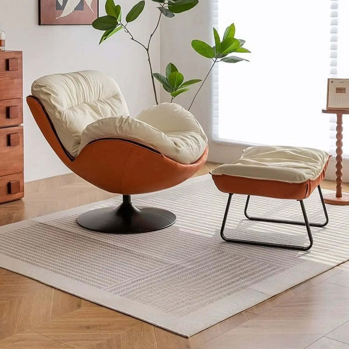 Swivel Leather Ergonomic Accent Chair with Ottoman — Beige/ Gray / Anti Cat Scratch Leather