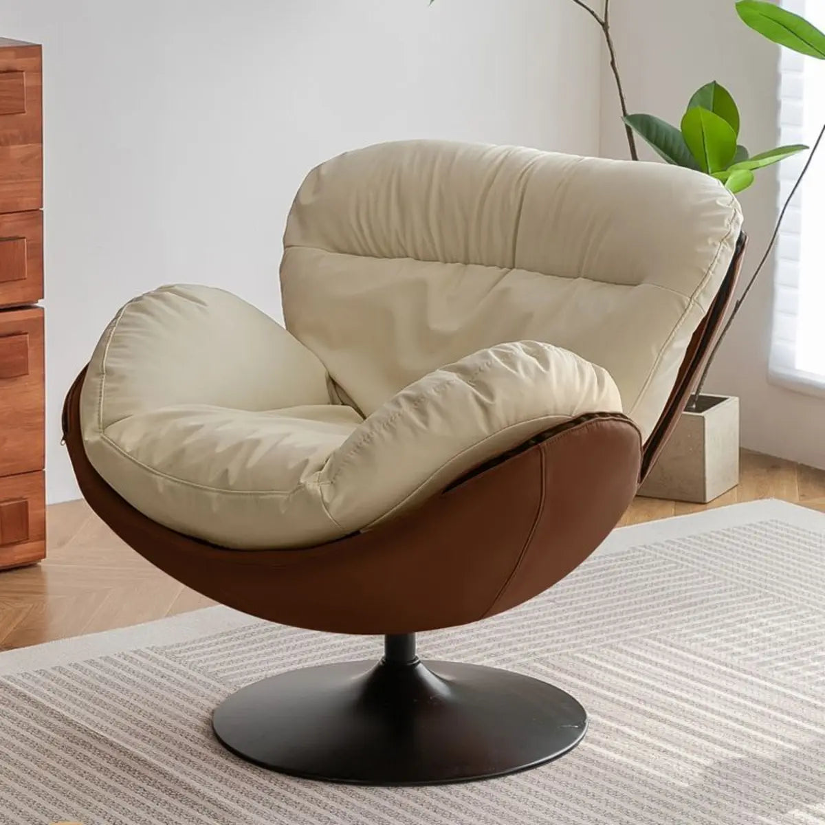 Swivel Leather Ergonomic Accent Chair with Ottoman — Beige/ Gray / Anti Cat Scratch Leather