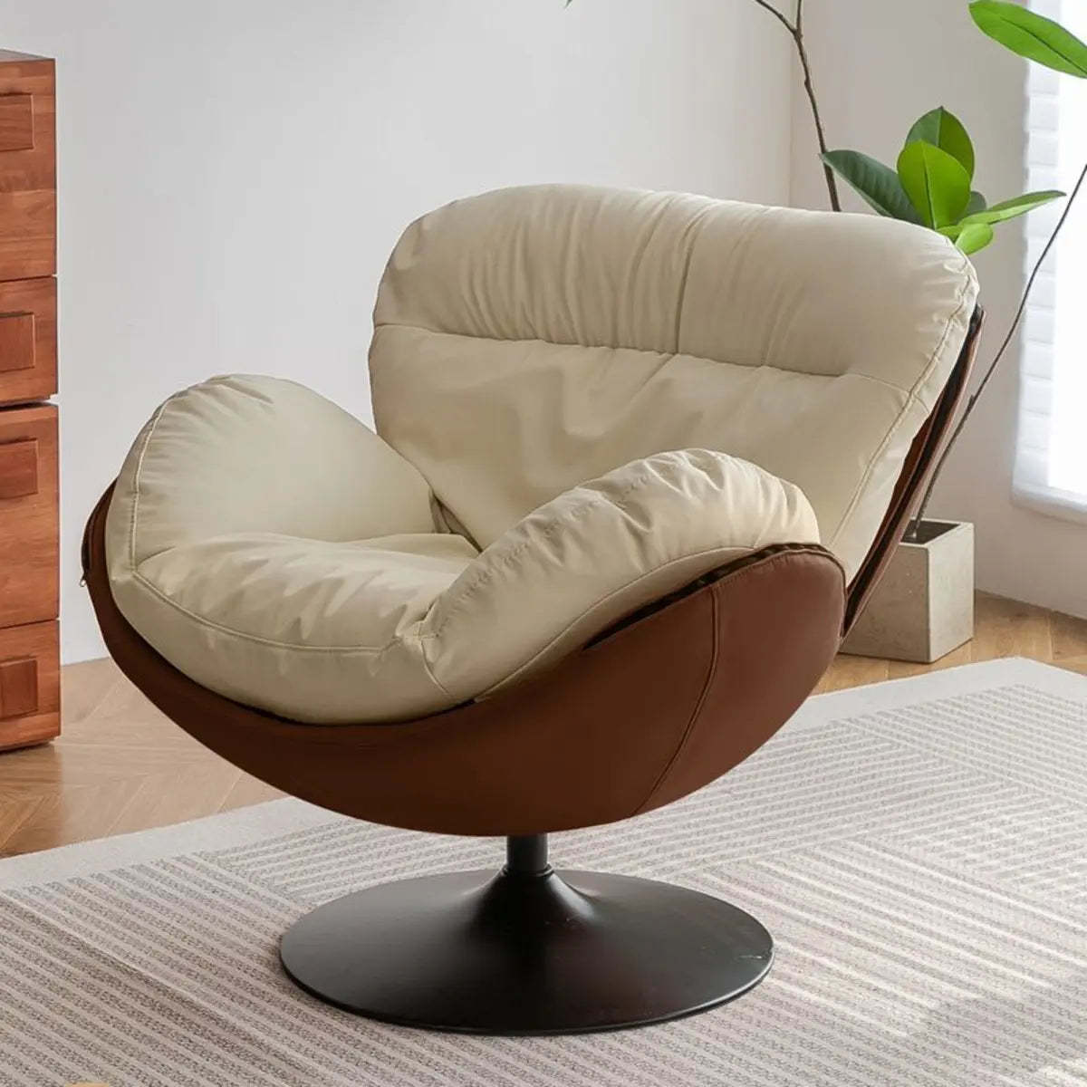 Swivel Leather Ergonomic Accent Chair with Ottoman — Beige/ Gray / Anti Cat Scratch Leather