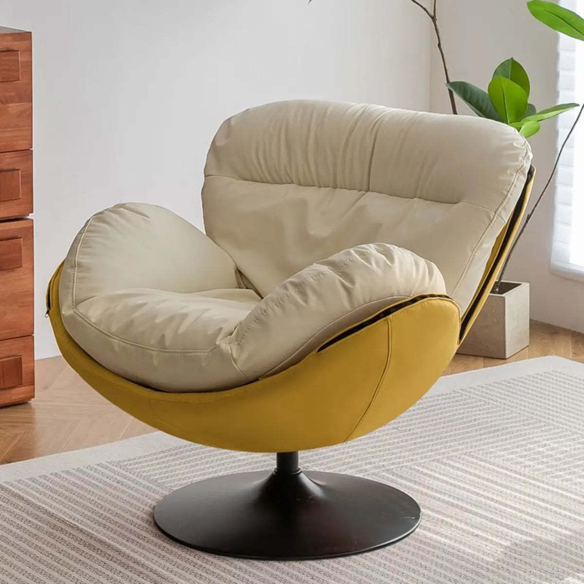 Swivel Leather Ergonomic Accent Chair with Ottoman — Beige/ Green / Anti Cat Scratch Leather