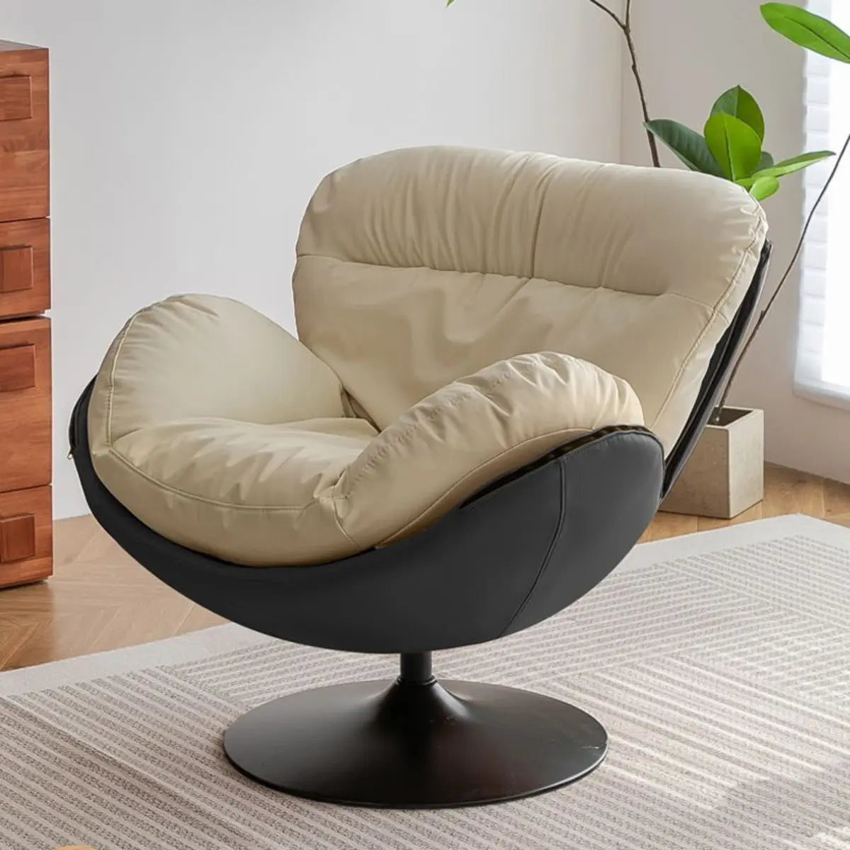 Swivel Leather Ergonomic Accent Chair with Ottoman — Beige/ Yellow / Anti Cat Scratch Leather
