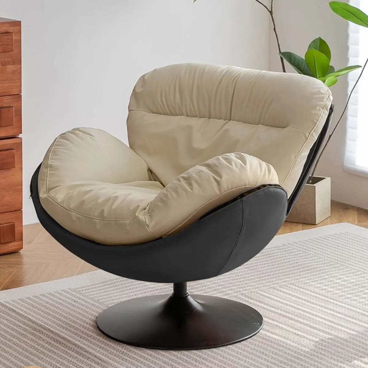 Swivel Leather Ergonomic Accent Chair with Ottoman — Beige/ Yellow / Anti Cat Scratch Leather