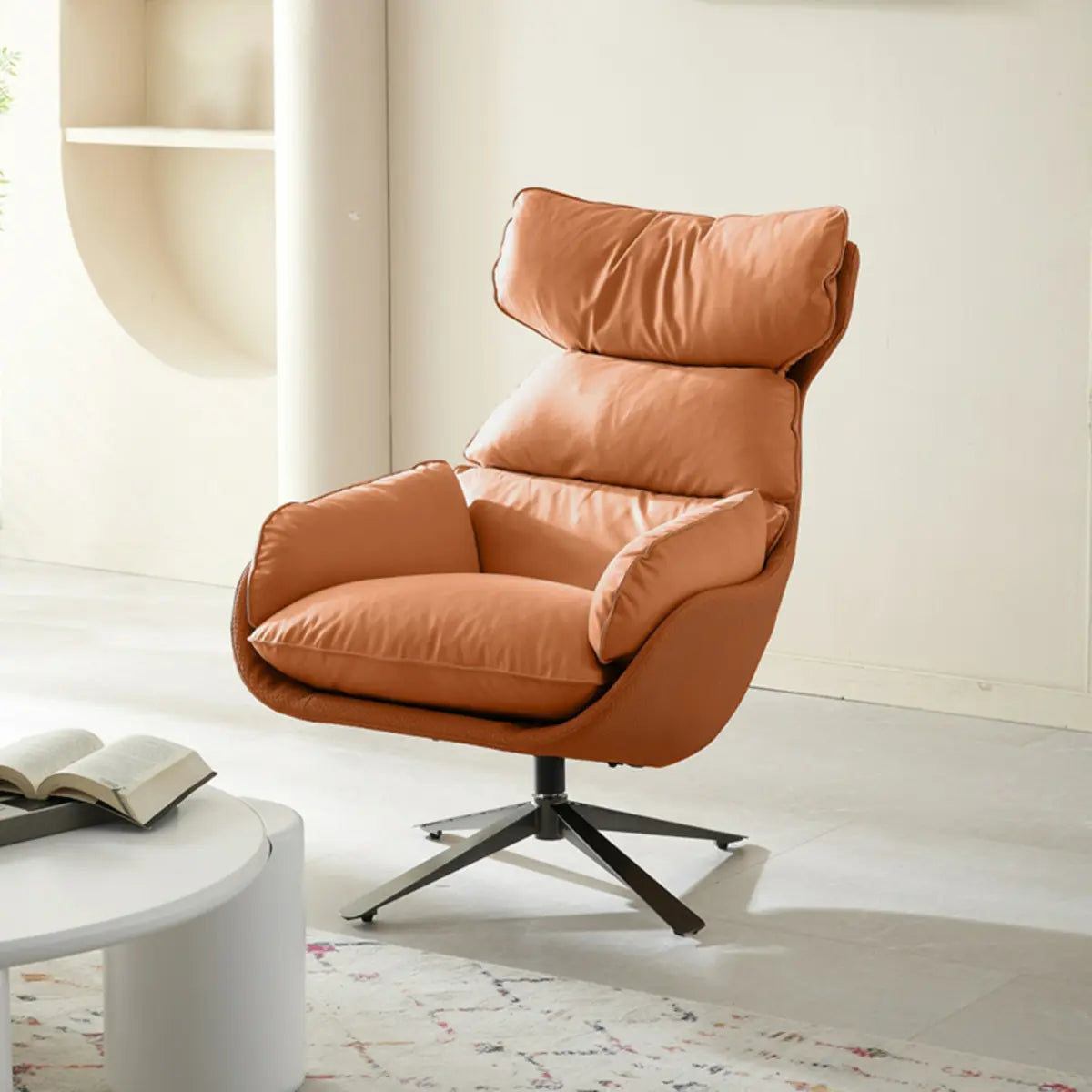 Swivel Orange Leather Recessed-Arm Armchair
