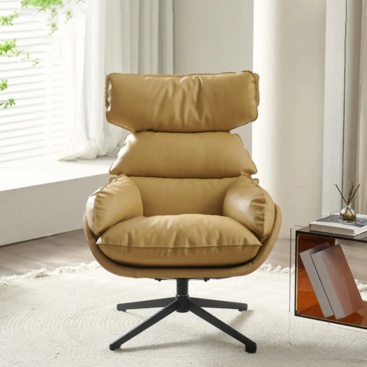 Swivel Orange Leather Recessed-Arm Armchair