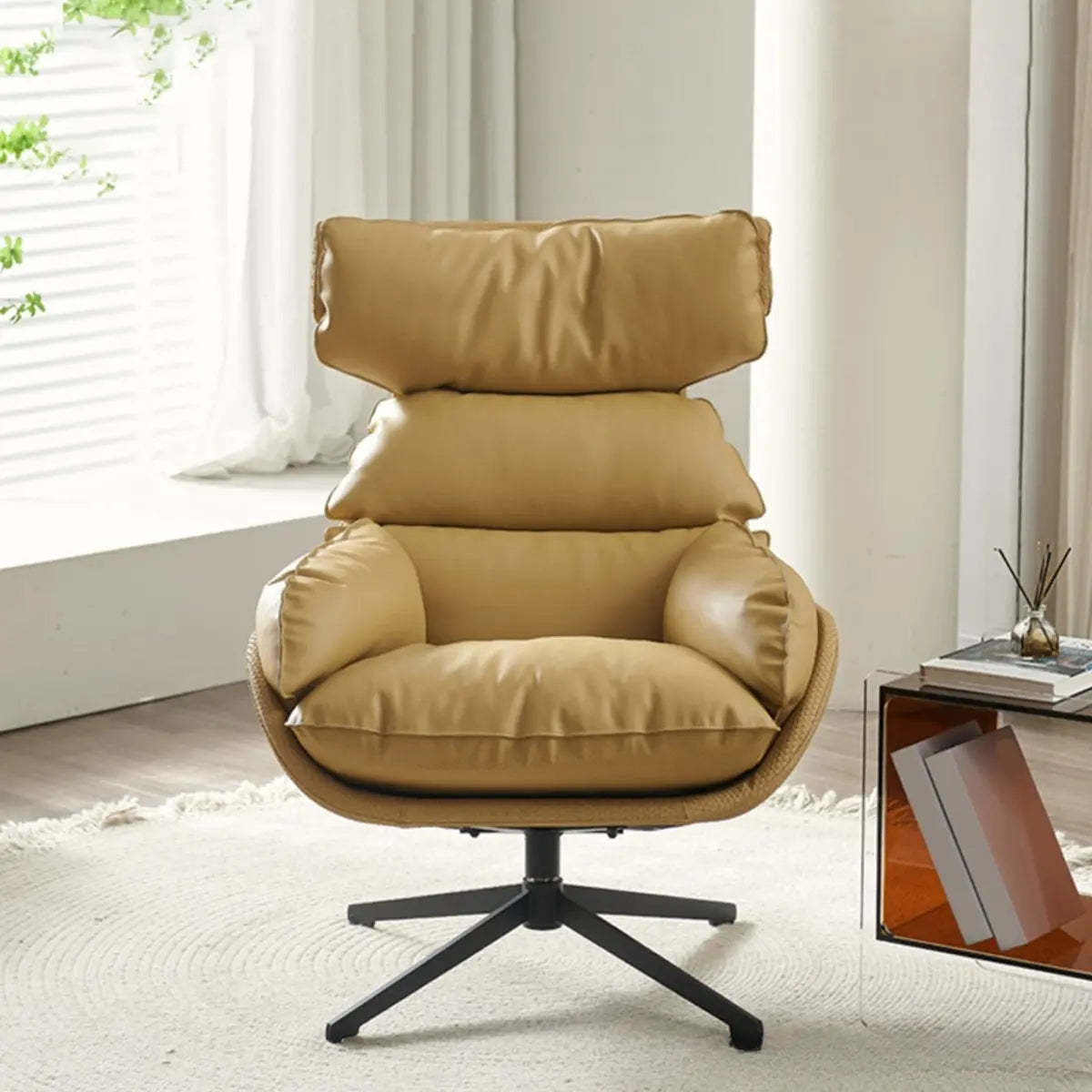 Swivel Orange Leather Recessed-Arm Armchair