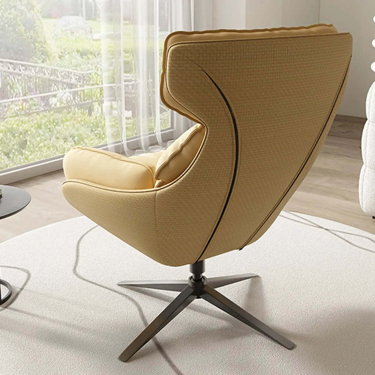 Swivel Orange Leather Recessed-Arm Armchair — Beige/ Orange