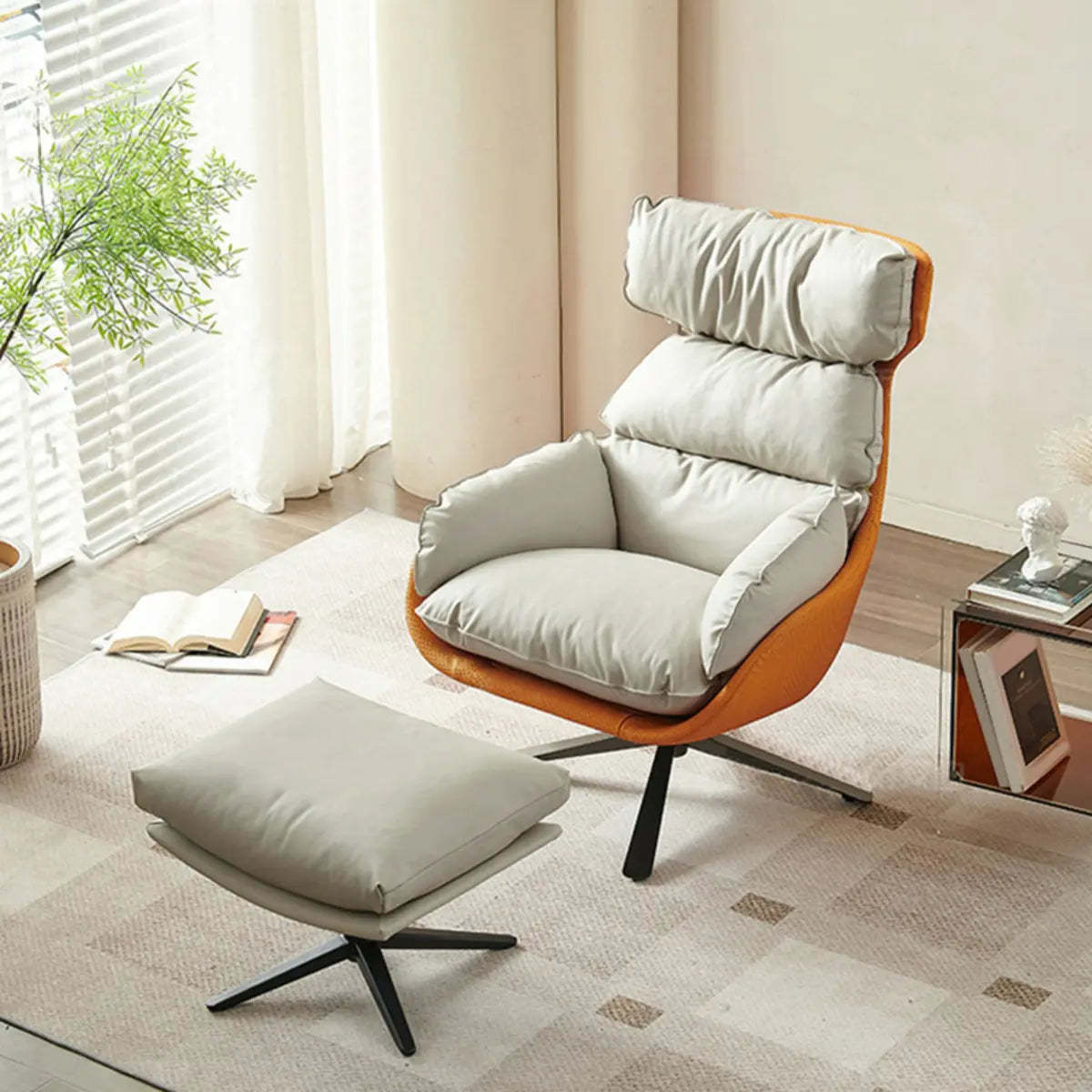 Swivel Orange Leather Recessed-Arm Armchair — Ginger