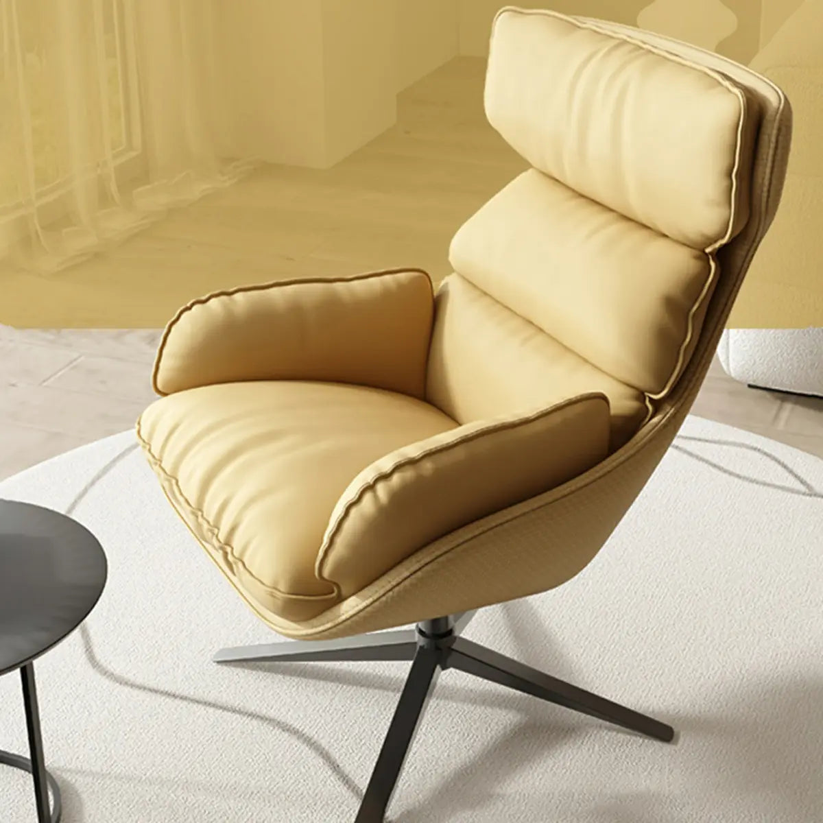 Swivel Orange Leather Recessed-Arm Armchair — Orange