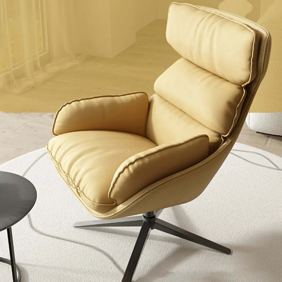 Swivel Orange Leather Recessed-Arm Armchair — Orange
