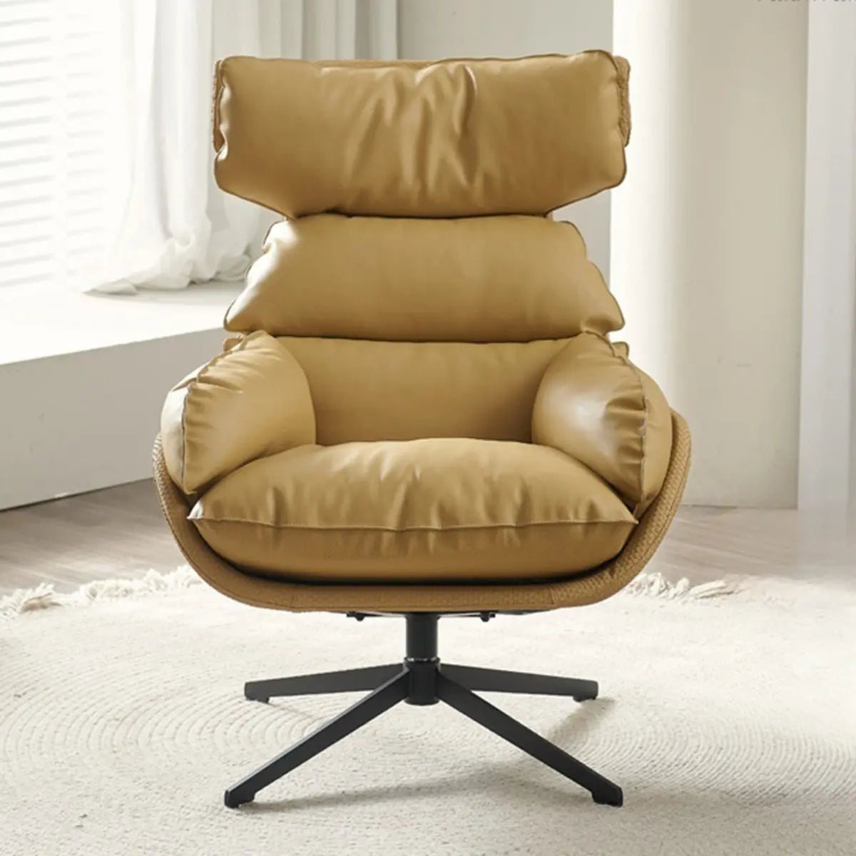 Swivel Orange Leather Recessed-Arm Armchair