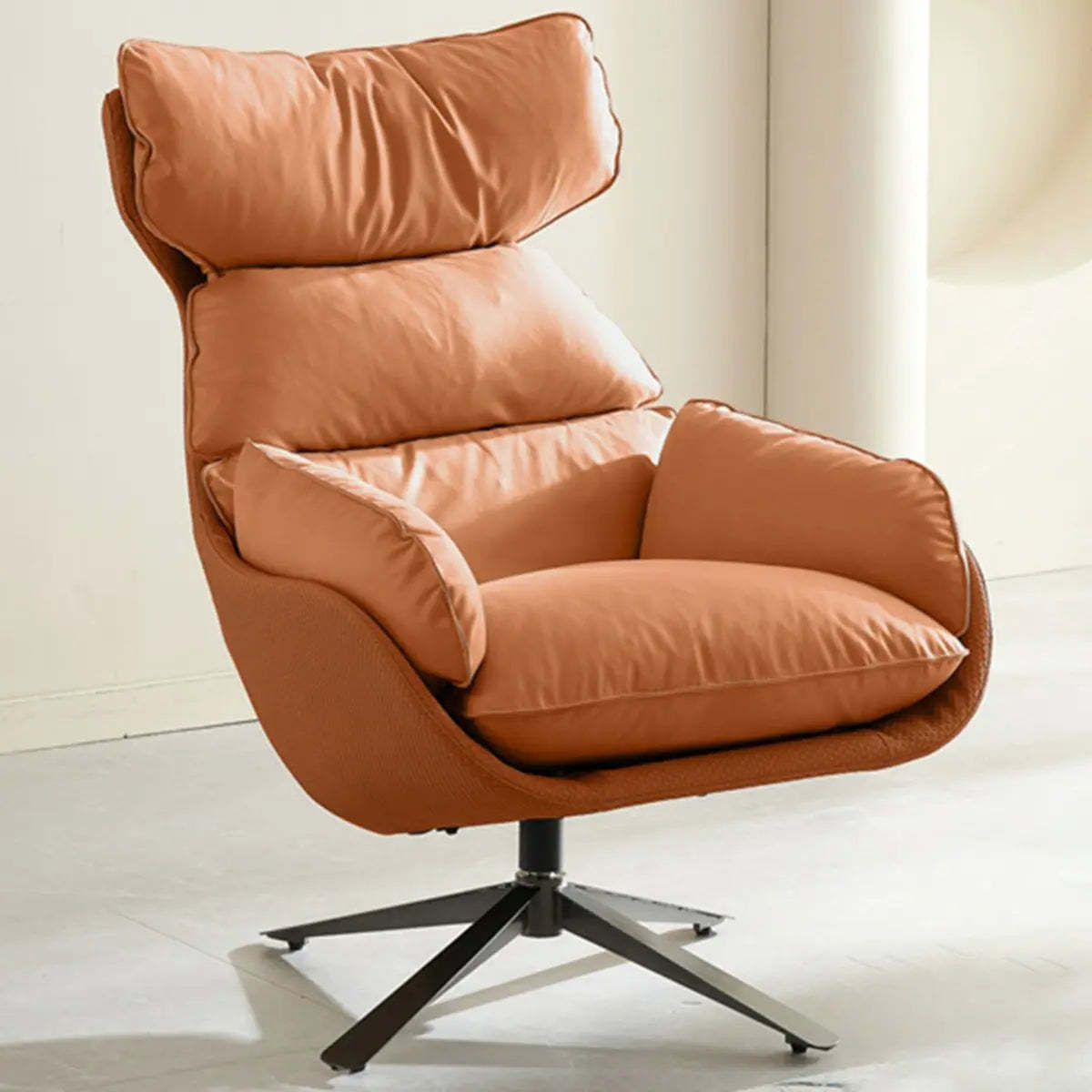 Swivel Orange Leather Recessed-Arm Armchair