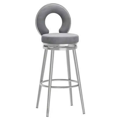 Round Upholstered Iron Swivel Bar Stool with Footrest — Black Gold / Gray